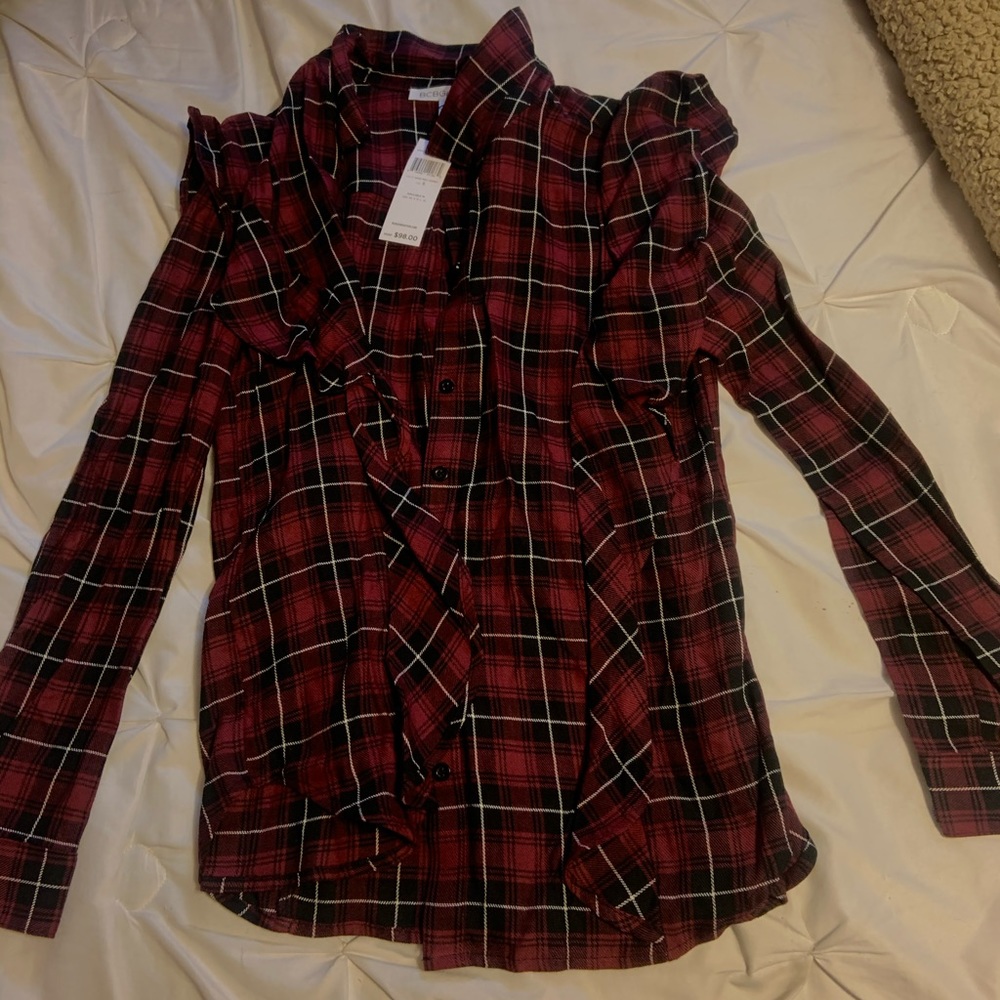 BCBGENERATION Ruffle Plaid Button Down Blouse NWT